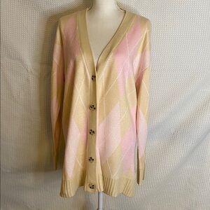 Pink tan long oversized Argyle Cardigan Sweater Size medium